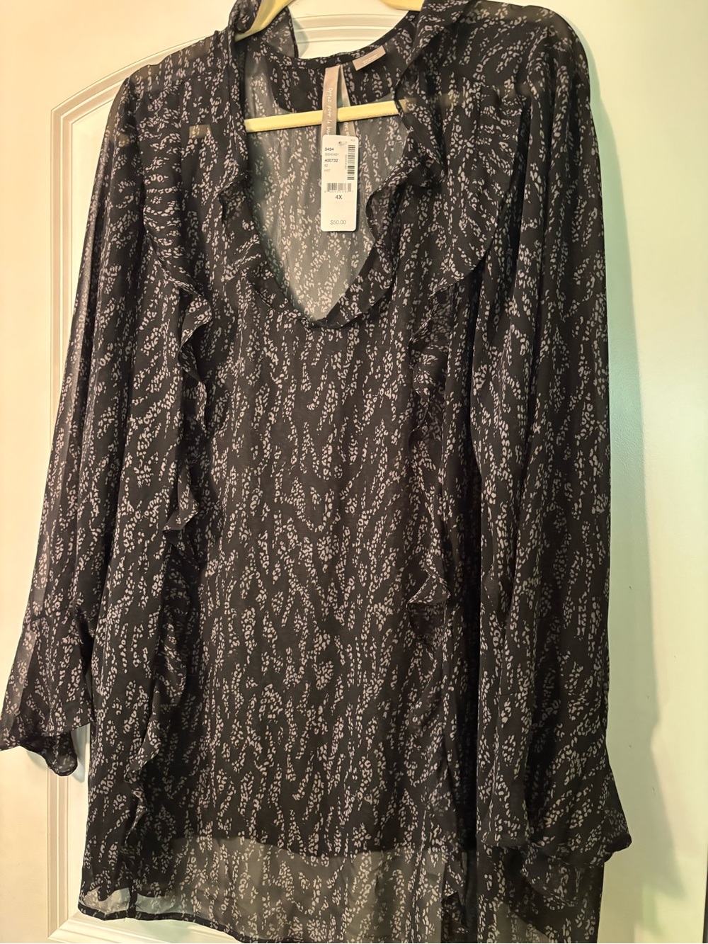 Penningtons Black and White Printed Ruffle V-Neck Blouse